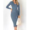 imageZESICA Womens Spring Sweater Dress V Neck Long Sleeve Ribbed Knit Tie Waist Slim Fit Bodycon Midi DressesDustyblue