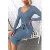 imageZESICA Womens Spring Sweater Dress V Neck Long Sleeve Ribbed Knit Tie Waist Slim Fit Bodycon Midi DressesDustyblue