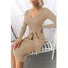 imageZESICA Womens Spring Sweater Dress V Neck Long Sleeve Ribbed Knit Tie Waist Slim Fit Bodycon Midi DressesKhaki