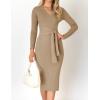 imageZESICA Womens Spring Sweater Dress V Neck Long Sleeve Ribbed Knit Tie Waist Slim Fit Bodycon Midi DressesKhaki