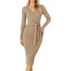 imageZESICA Womens Spring Sweater Dress V Neck Long Sleeve Ribbed Knit Tie Waist Slim Fit Bodycon Midi DressesKhaki
