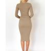 imageZESICA Womens Spring Sweater Dress V Neck Long Sleeve Ribbed Knit Tie Waist Slim Fit Bodycon Midi DressesKhaki