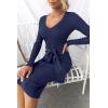 imageZESICA Womens Spring Sweater Dress V Neck Long Sleeve Ribbed Knit Tie Waist Slim Fit Bodycon Midi DressesNavy