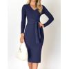 imageZESICA Womens Spring Sweater Dress V Neck Long Sleeve Ribbed Knit Tie Waist Slim Fit Bodycon Midi DressesNavy