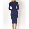 imageZESICA Womens Spring Sweater Dress V Neck Long Sleeve Ribbed Knit Tie Waist Slim Fit Bodycon Midi DressesNavy