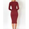 imageZESICA Womens Spring Sweater Dress V Neck Long Sleeve Ribbed Knit Tie Waist Slim Fit Bodycon Midi DressesRed
