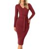 imageZESICA Womens Spring Sweater Dress V Neck Long Sleeve Ribbed Knit Tie Waist Slim Fit Bodycon Midi DressesRed