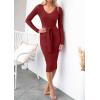 imageZESICA Womens Spring Sweater Dress V Neck Long Sleeve Ribbed Knit Tie Waist Slim Fit Bodycon Midi DressesRed