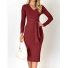 imageZESICA Womens Spring Sweater Dress V Neck Long Sleeve Ribbed Knit Tie Waist Slim Fit Bodycon Midi DressesRed