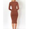 imageZESICA Womens Spring Sweater Dress V Neck Long Sleeve Ribbed Knit Tie Waist Slim Fit Bodycon Midi DressesRedbrown