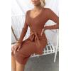 imageZESICA Womens Spring Sweater Dress V Neck Long Sleeve Ribbed Knit Tie Waist Slim Fit Bodycon Midi DressesRedbrown