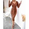 imageZESICA Womens Spring Sweater Dress V Neck Long Sleeve Ribbed Knit Tie Waist Slim Fit Bodycon Midi DressesRedbrown