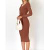 imageZESICA Womens Spring Sweater Dress V Neck Long Sleeve Ribbed Knit Tie Waist Slim Fit Bodycon Midi DressesRedbrown