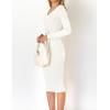 imageZESICA Womens Spring Sweater Dress V Neck Long Sleeve Ribbed Knit Tie Waist Slim Fit Bodycon Midi DressesWhite