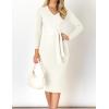 imageZESICA Womens Spring Sweater Dress V Neck Long Sleeve Ribbed Knit Tie Waist Slim Fit Bodycon Midi DressesWhite