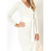 imageZESICA Womens Spring Sweater Dress V Neck Long Sleeve Ribbed Knit Tie Waist Slim Fit Bodycon Midi DressesWhite