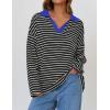 imageZESICA Womens Striped Long Sleeve Tops Oversized Sweatshirt V Neck Loose Fit Tunic Tops Spring Casual BlousesBlack