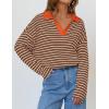imageZESICA Womens Striped Long Sleeve Tops Oversized Sweatshirt V Neck Loose Fit Tunic Tops Spring Casual BlousesBrown