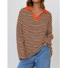 imageZESICA Womens Striped Long Sleeve Tops Oversized Sweatshirt V Neck Loose Fit Tunic Tops Spring Casual BlousesBrown