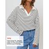 imageZESICA Womens Striped Long Sleeve Tops Oversized Sweatshirt V Neck Loose Fit Tunic Tops Spring Casual BlousesWhite