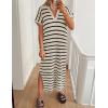 imageZESICA Womens Summer Striped Midi Dress 2025 Casual Short Sleeve V Neck Loose Knitted Side Slit Long Sweater DressesApricot