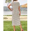 imageZESICA Womens Summer Striped Midi Dress 2025 Casual Short Sleeve V Neck Loose Knitted Side Slit Long Sweater DressesApricot