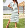 imageZESICA Womens Summer Striped Midi Dress 2025 Casual Short Sleeve V Neck Loose Knitted Side Slit Long Sweater DressesGreen