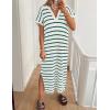 imageZESICA Womens Summer Striped Midi Dress 2025 Casual Short Sleeve V Neck Loose Knitted Side Slit Long Sweater DressesGreen
