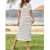 imageZESICA Womens Summer Striped Midi Dress 2025 Casual Short Sleeve V Neck Loose Knitted Side Slit Long Sweater DressesIvory