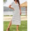imageZESICA Womens Summer Striped Midi Dress 2025 Casual Short Sleeve V Neck Loose Knitted Side Slit Long Sweater DressesIvory