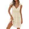imageZESICA Womens 2025 Summer Casual V Neck Sleeveless Mini Dress Tie Shoulder Tiered Ruffle Swing A Line Short SundressesApricot