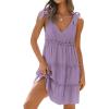 imageZESICA Womens 2025 Summer Casual V Neck Sleeveless Mini Dress Tie Shoulder Tiered Ruffle Swing A Line Short SundressesPurple