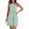 imageZESICA Womens 2025 Summer Sleeveless Mini Dress Boho One Shoulder Ruffle Tiered Layered Flowy A Line DressesLight Green