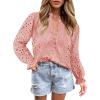 imageZESICA Womens Casual Blouse Tops Puff Long Sleeve Button V Neck Hollow Out Eyelet Lace Embroidered Shirt DressyPink