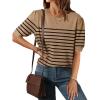 imageZESICA Womens Casual Striped Tops Short Sleeve Crew Neck Ribbed Knit T Shirts Comfy Loose Basic Pullover SweaterKhaki