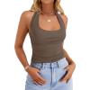 imageZESICA Womens Halter Tank Tops 2025 Summer Scoop Neck Backless Shirts Slim Fitted Casual Ruched Sleeveless TopsCoffee