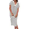 imageZESICA Womens Summer Striped Midi Dress 2025 Casual Short Sleeve V Neck Loose Knitted Side Slit Long Sweater DressesIvory