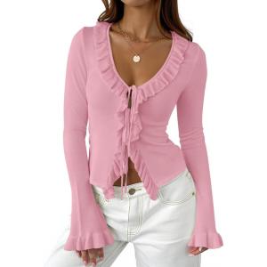imageZESICA Womens 2025 Fall Tie Front Bow Cardigan Sweaters Long Bell Sleeve V Neck Ruffled Ribbed Knit Trendy TopsPink