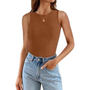 imageZESICA Womens 2025 Ribbed Tank Tops Summer Sleeveless High Neck Casual Slim Fitted Basic Knit ShirtsDarkbrown