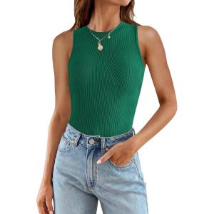 imageZESICA Womens 2025 Ribbed Tank Tops Summer Sleeveless High Neck Casual Slim Fitted Basic Knit ShirtsGreen