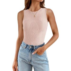 imageZESICA Womens 2025 Ribbed Tank Tops Summer Sleeveless High Neck Casual Slim Fitted Basic Knit ShirtsPink
