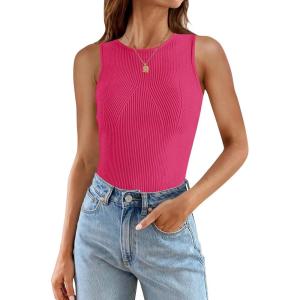 imageZESICA Womens 2025 Ribbed Tank Tops Summer Sleeveless High Neck Casual Slim Fitted Basic Knit ShirtsRose