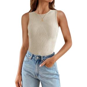 imageZESICA Womens 2025 Ribbed Tank Tops Summer Sleeveless High Neck Casual Slim Fitted Basic Knit ShirtsSand
