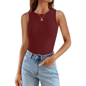 imageZESICA Womens 2025 Ribbed Tank Tops Summer Sleeveless High Neck Casual Slim Fitted Basic Knit ShirtsWine