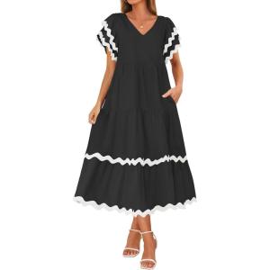 imageZESICA Womens 2025 Summer Casual Midi Dresses V Neck Flutter Short Sleeve Ruffle Tiered A Line Flowy Beach Long DressBlack
