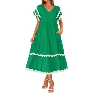 imageZESICA Womens 2025 Summer Casual Midi Dresses V Neck Flutter Short Sleeve Ruffle Tiered A Line Flowy Beach Long DressGreen