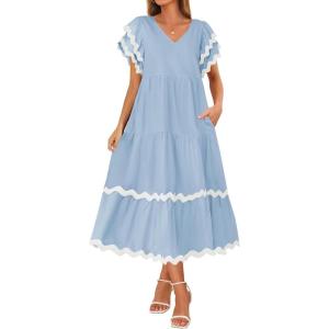 imageZESICA Womens 2025 Summer Casual Midi Dresses V Neck Flutter Short Sleeve Ruffle Tiered A Line Flowy Beach Long DressLightblue