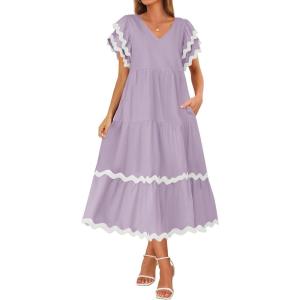 imageZESICA Womens 2025 Summer Casual Midi Dresses V Neck Flutter Short Sleeve Ruffle Tiered A Line Flowy Beach Long DressPurpletaro