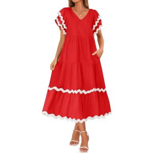 imageZESICA Womens 2025 Summer Casual Midi Dresses V Neck Flutter Short Sleeve Ruffle Tiered A Line Flowy Beach Long DressRed