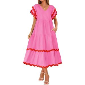 imageZESICA Womens 2025 Summer Casual Midi Dresses V Neck Flutter Short Sleeve Ruffle Tiered A Line Flowy Beach Long DressRose